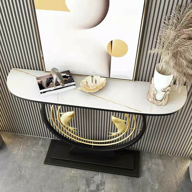1 Piece Half-Circle Standing Console Table, White Gold, 59"L x 12"W x 31"H