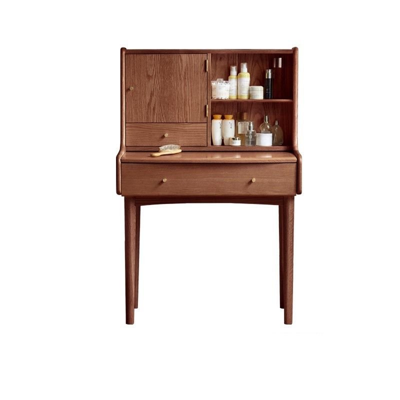 Natural Wood Flooring 2-in-1 Makeup Vanity with Push-Pull Drawers & Tabletop Storage Sleeping Quarters, Dividers Included, Nut-Brown, 33"L x 17"W x 50"H