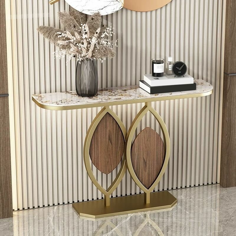 1 Piece Luxury Semi Circle Stone Console Stands with Aesthetic and Scratch Resistant, 47"L x 12"W x 31"H, Gold, Pandora