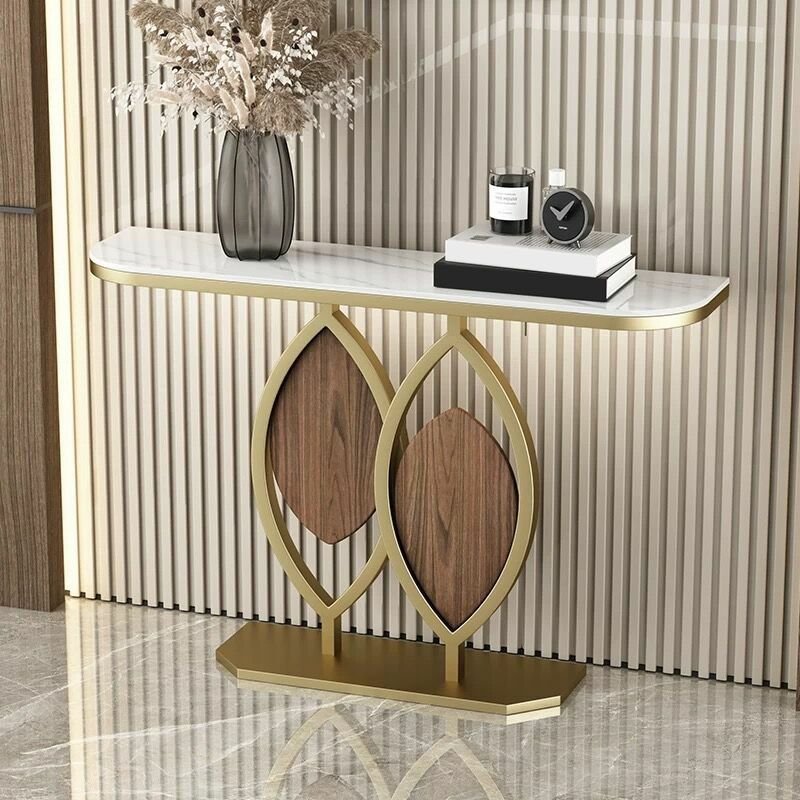 1 Piece Set Glam Half Circle Stone Top Console Desk in White with Abstract and Scratch Resistant, 31"L x 12"W x 31"H, Gold