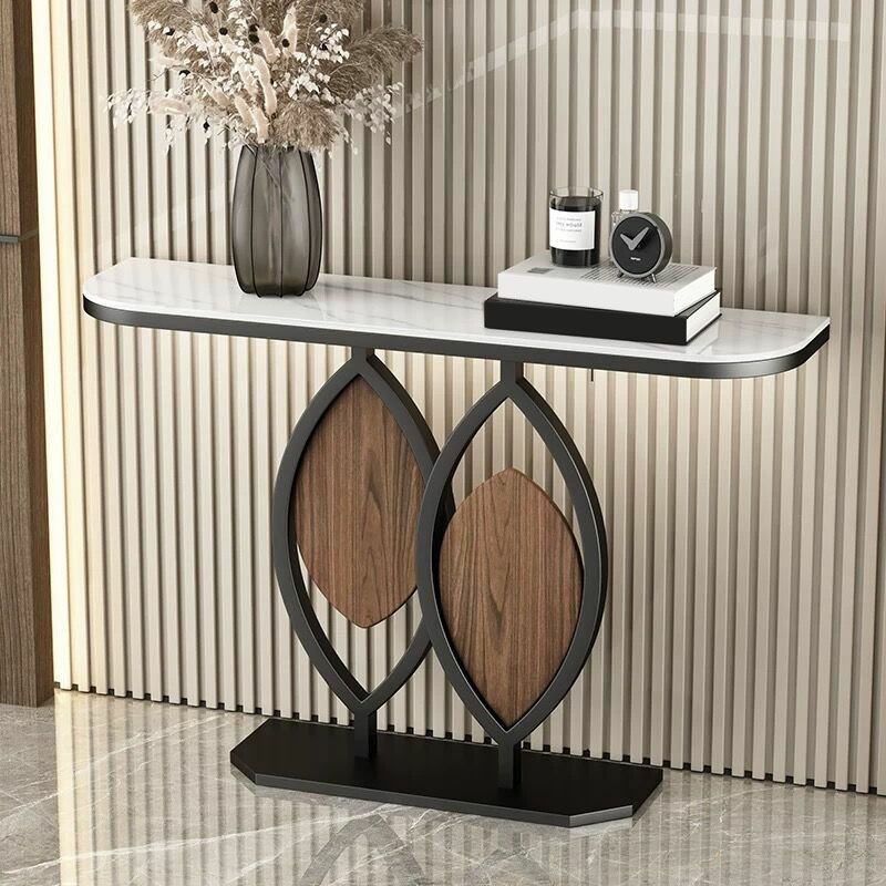 1 Piece Luxury Semi Circle Stone Hall Table in White with Aesthetic and Scratch Resistant, 47"L x 12"W x 31"H, Black