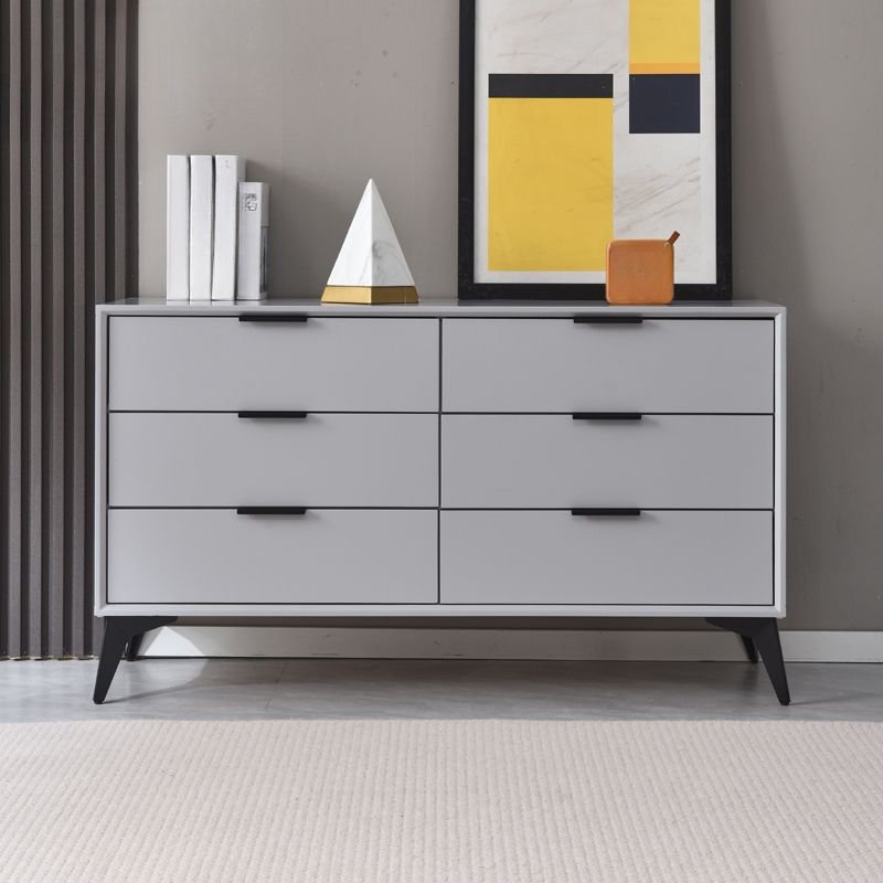 6 Drawers Modern Simple Style Gray Hardwood Horizontal Double Dresser, 47"L x 16"W x 31"H