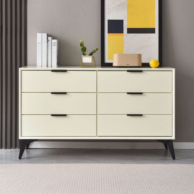 6 Drawers Contemporary Hardwood Horizontal Double Dresser, Ivory, 47"L x 16"W x 31"H