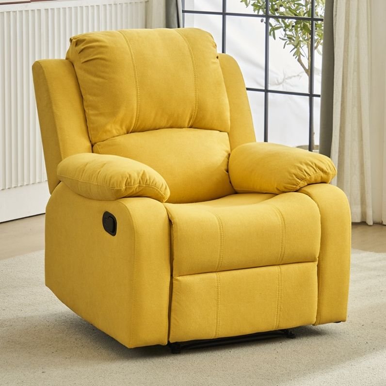 Yellow Manual Recliner with Rotating Base, Lumbar Support, Wood Frame, Independent Foot Movement, Locking Back Angle, and Solid Color, Snowflake Velvet