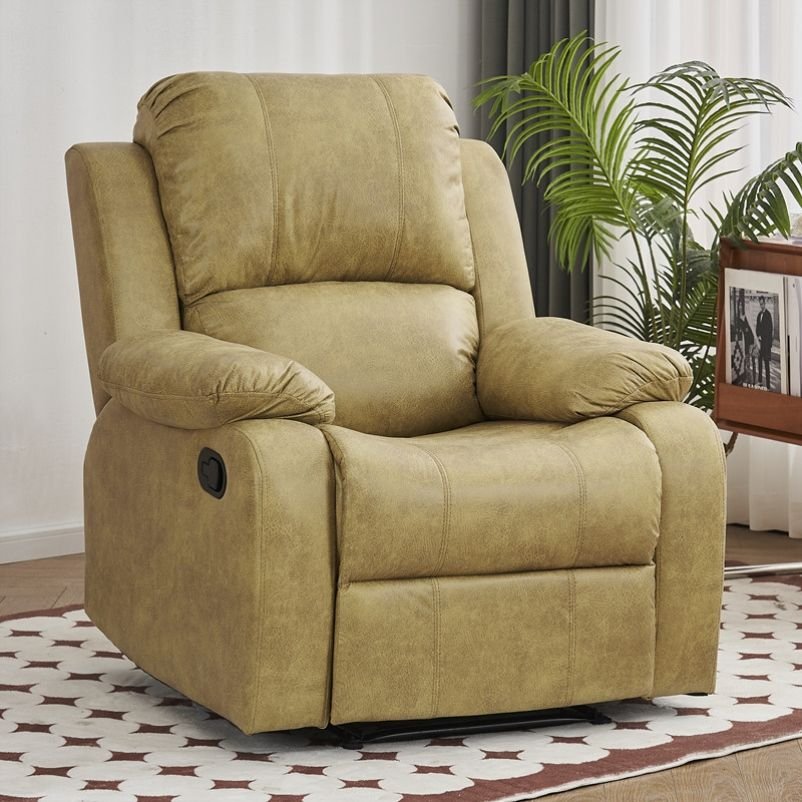 Yellow Manual Recliner with Rotating Base, Lumbar Support, Wood Frame, Independent Foot Movement, Locking Back Angle, and Solid Color, Tech Cloth