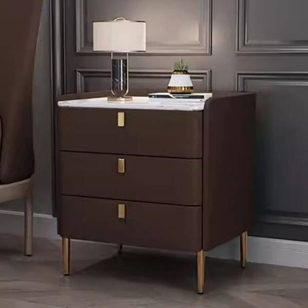 Trendy Nightstand With Drawer Storage in Solid Wood with Leg, 3 Drawers and Sintered Stone Countertop, Dark Coffee, 17.72"L x 16"W x 25"H