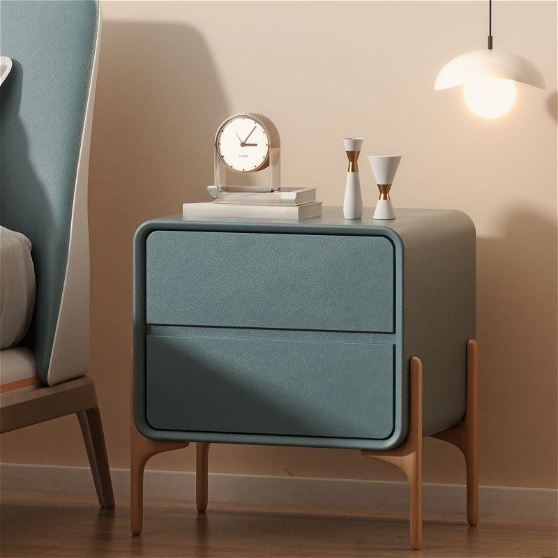 2 Tiers Postmodern Cerulean Artificial Leather Drawer Storage Nightstand, 16"L x 16"W x 20"H