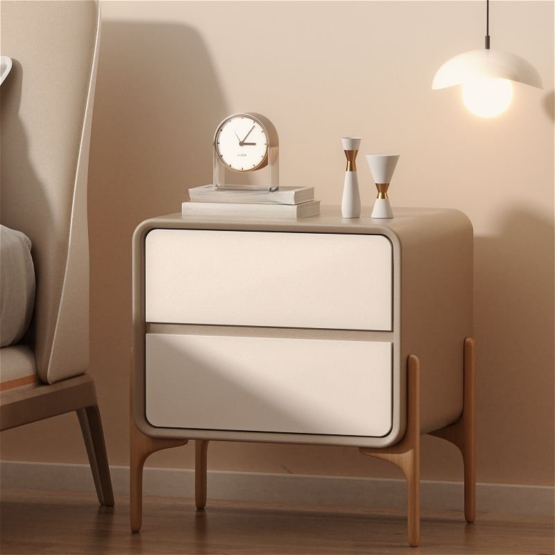 2 Tiers Simple Vinyl Leather Nightstand With Drawer Storage, Khaki/ White, 16"L x 16"W x 20"H