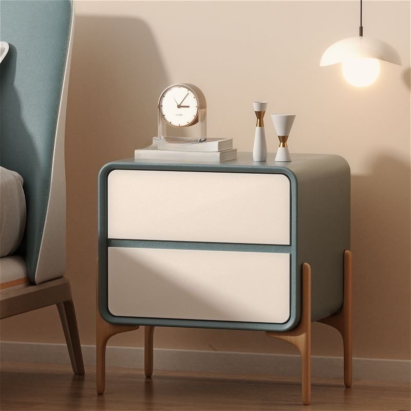 2 Tiers Stylish Vinyl Leather Nightstand With Drawer Storage, Blue-White, 18"L x 16"W x 20"H