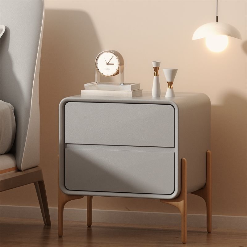 2 Tiers Art Vinyl Leather Nightstand With Drawer Storage, Light Gray, 20"L x 16"W x 20"H