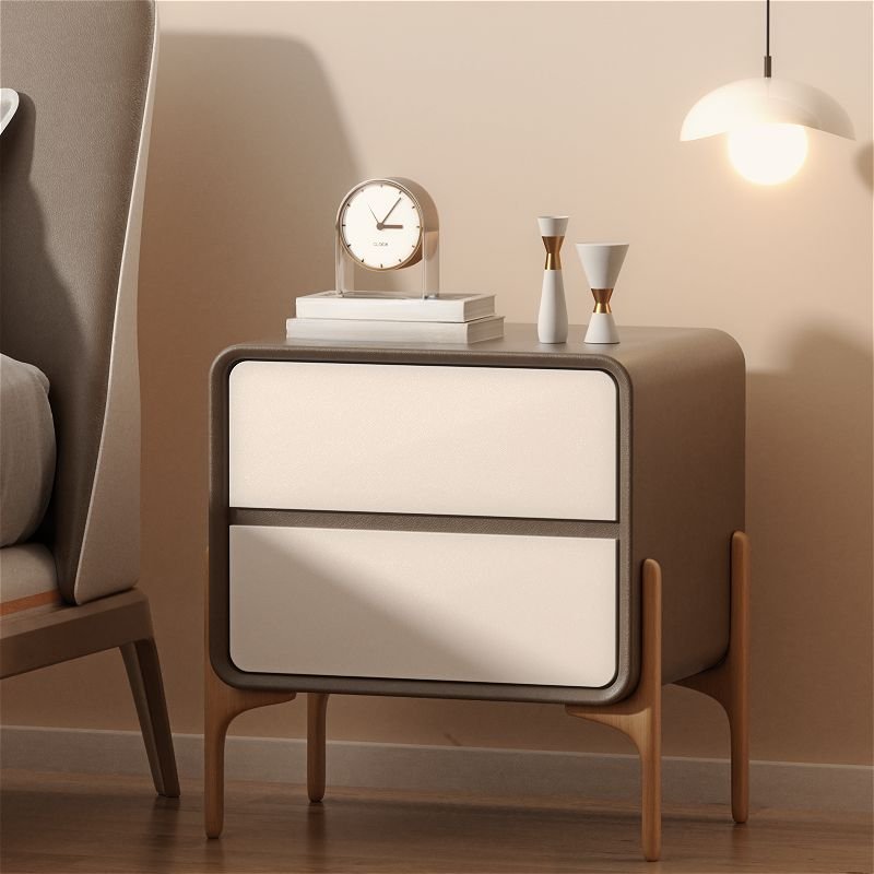 2 Tiers Casual Vinyl Leather Drawer Storage Nightstand, Coffee/ White, 18"L x 16"W x 20"H