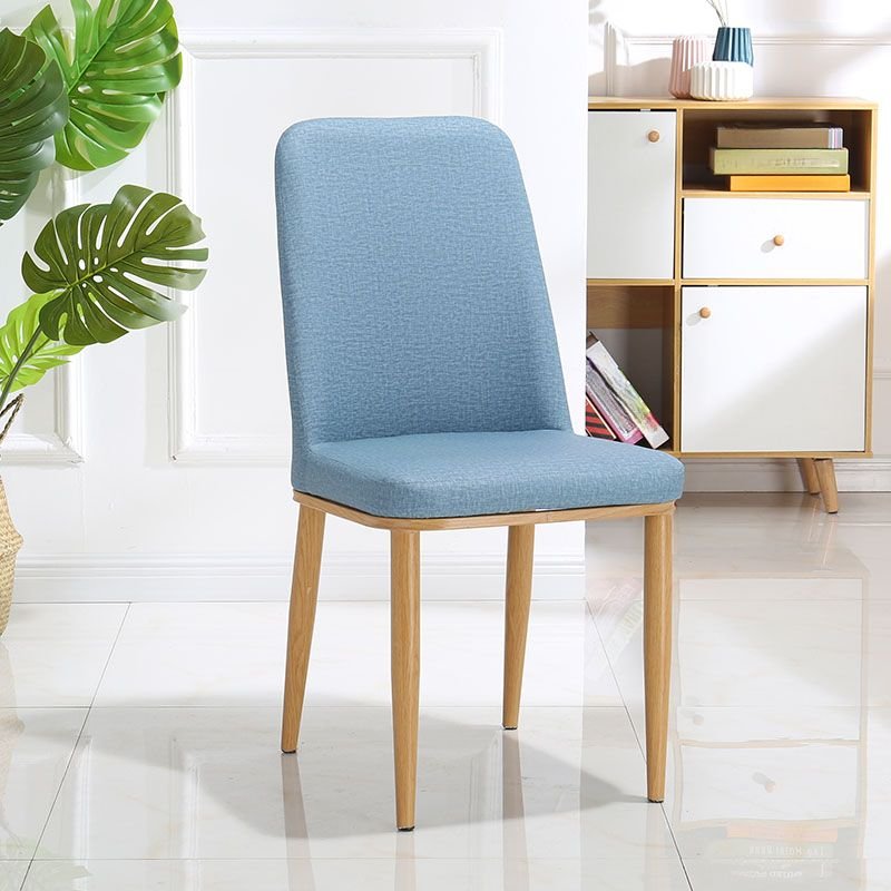 Dining Room Balanced Bordered Armless Chair with Cerulean Color and Foot Pads, Leather, Natural Wood