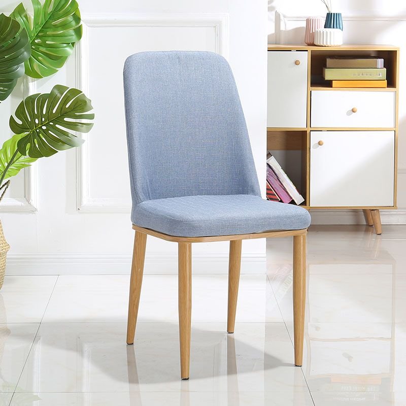 Dining Room Balanced Bordered Armless Chair with Cerulean Color and Foot Pads, Fabric, Natural Wood