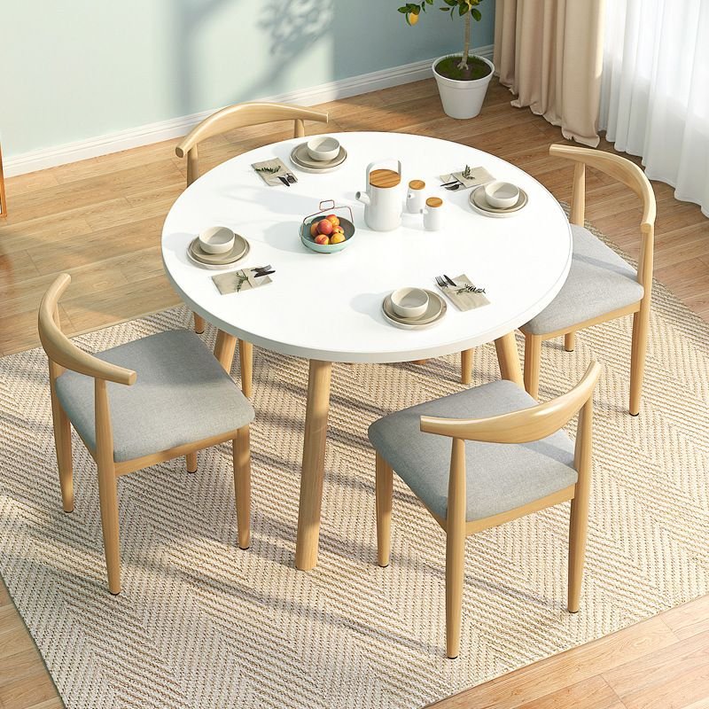 Casual White Circular Natural Wood Fixed Dining Table Set with Four Legs, Table, 1 Piece