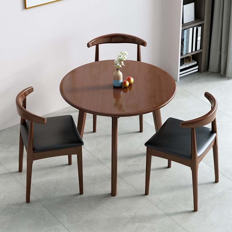 Art Deco Wood Slab Dining Table Set with Three Legs for 2 People, 1 Piece, 23.6"L x 23.6"W x 29.5"H, Nut-Brown, Table