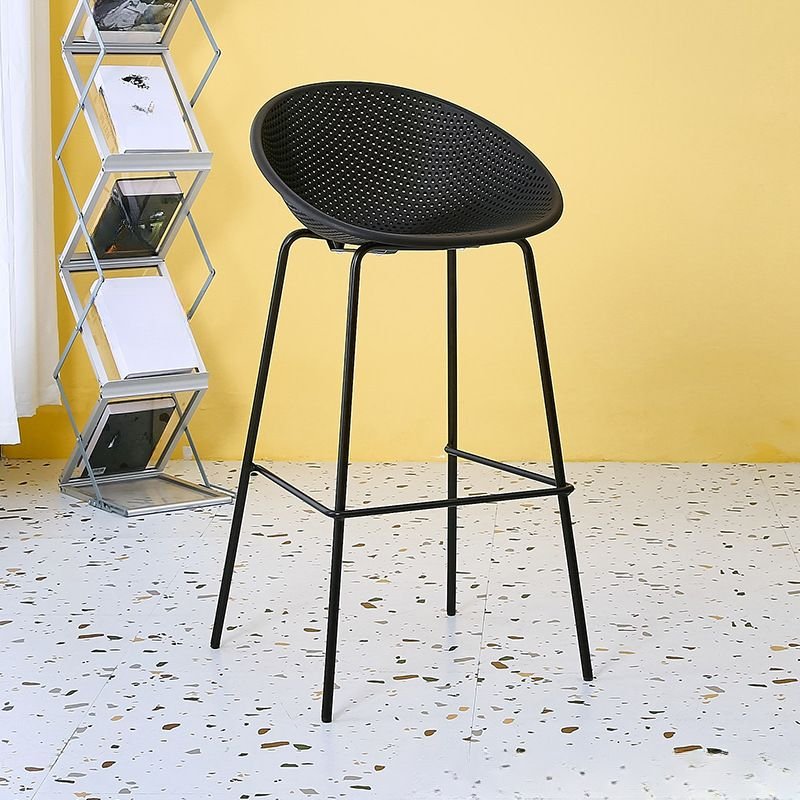Simplistic Ink Polymerized Material Barrel Bar Stools with Hollow Backrest and Metal Foot Pedestal, Black