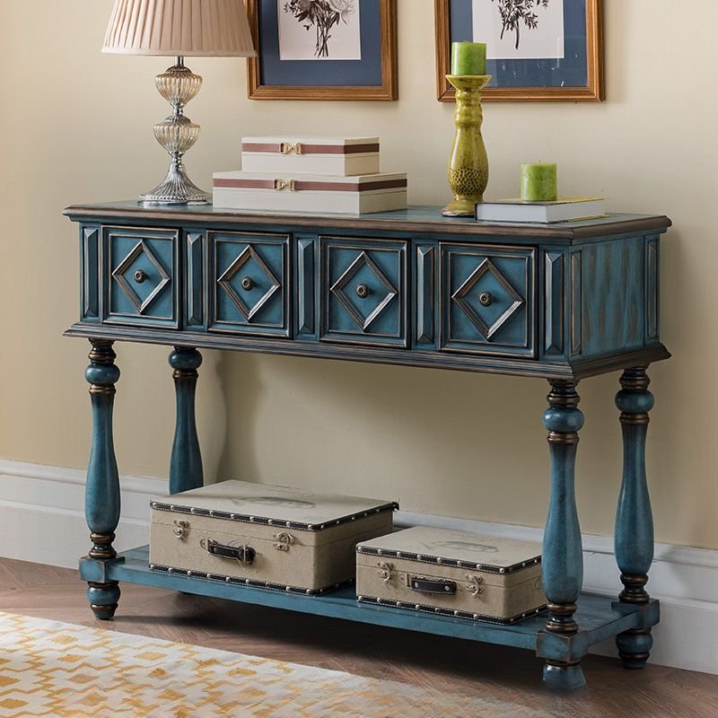 Antique 1 Piece Set Timber Antique Wood Entry Way Table with 4 Drawers and Legs for Drawing Room, Blue, 48"L x 16"W x 35"H