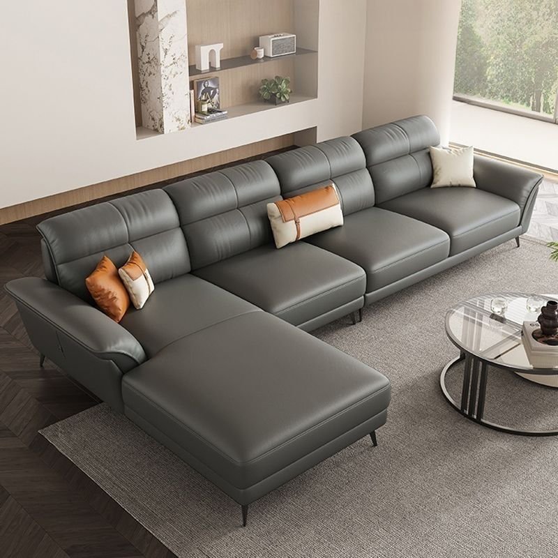 Gray Cow Leather Modern Stationary Sectional with Sponge Fill and Wood Frame - 138"L x 73"W x 36"H Full Grain Cow Leather Left