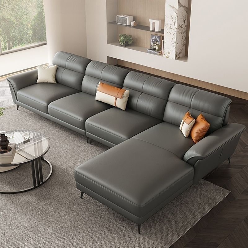 Gray Cow Leather Modern Stationary Sectional with Sponge Fill and Wood Frame - 138"L x 73"W x 36"H Full Grain Cow Leather Right