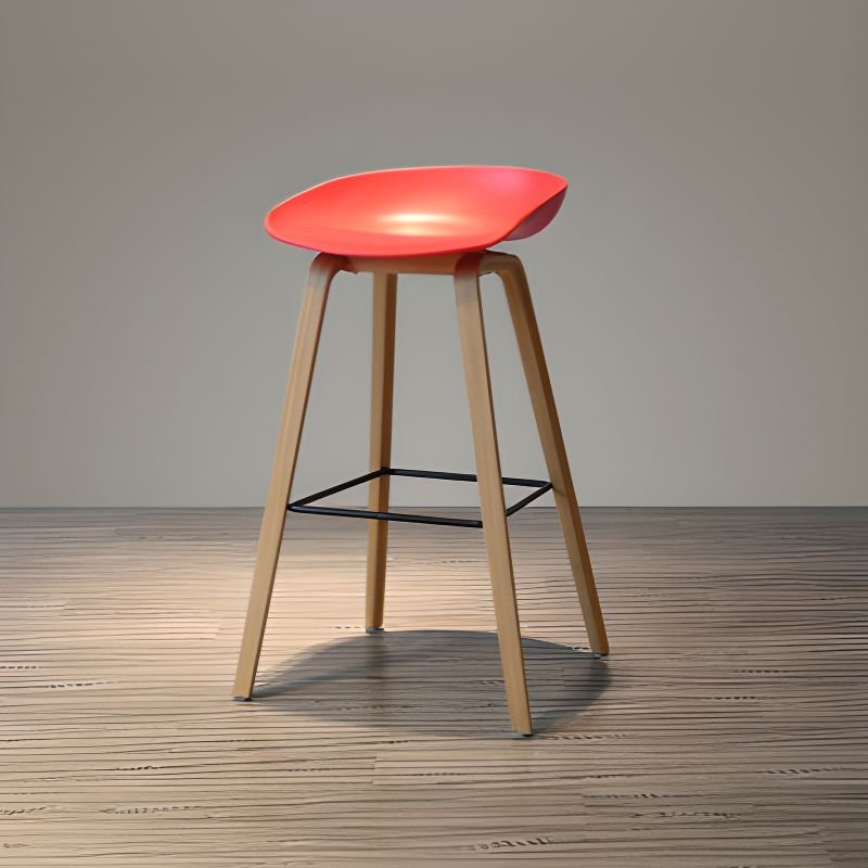 Simplistic Rose Polymerized Material Barrel Bar Stools with Wood Base, Backrest and Metal Foot Pedestal for Bar, Red, Natural