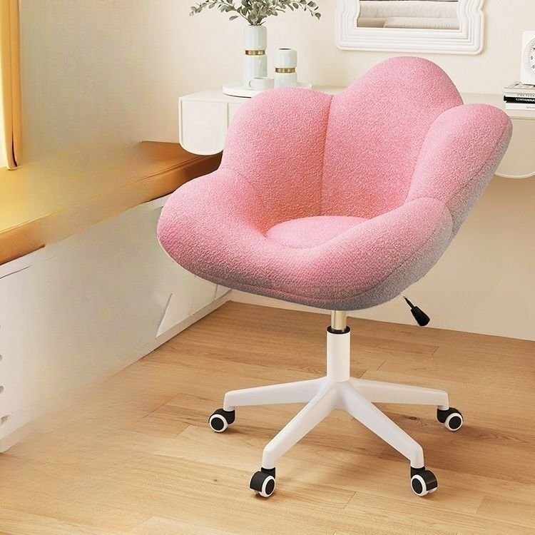 Art Deco Ergonomic Upholstered Study Chair in Pink with Back and Casters, Pink, White