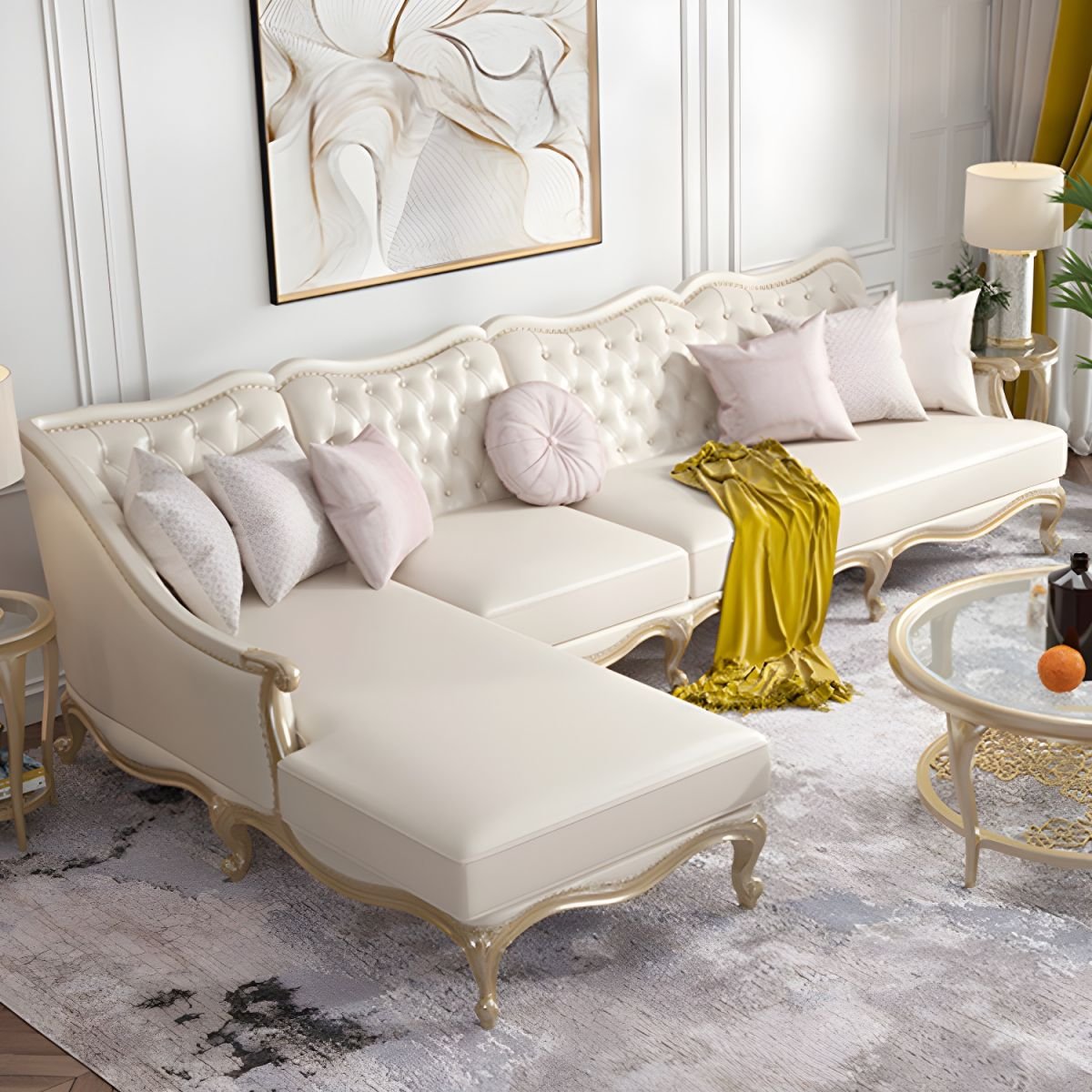 Glam Beige Nappa Stationary Sectional Sofa with Tufted Back and Nailhead Trim - 136"L x 77"W x 38"H Nappa Right