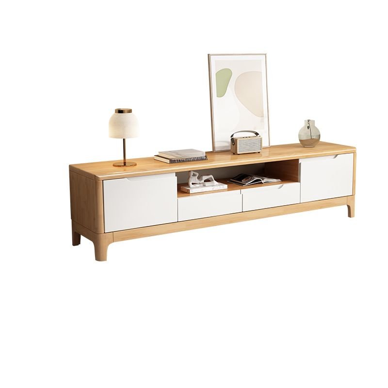 Casual TV Stand in Natural Wood with Shelf, 2-Cabinet and 2 Drawers for Sitting Room, Wood/ White, 59.1"L x 15.7"W x 18.9"H