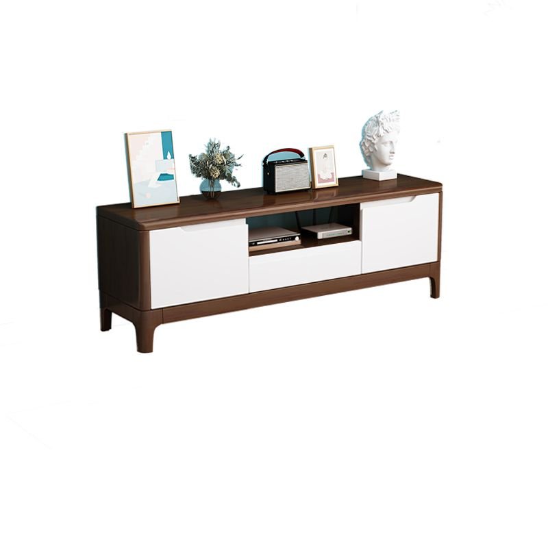 Casual TV Stand in Rubberwood with Shelf, 2 Cabinets and 2-Drawer for Drawing Room, Walnut/ White, 47"L x 16"W x 19"H