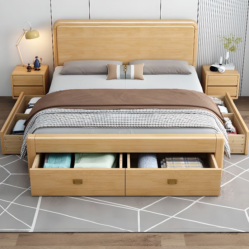 4 Drawers Modern Simple Style Rectangle Solid Color Wooden Frame Storage Panel Bed for Bedroom, 71"W x 79"L