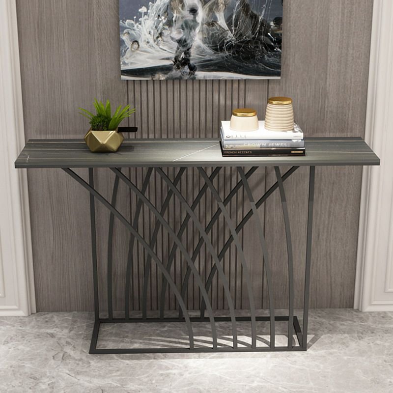 Art Deco Rectangle Black Sintered Stone Frame Standing Foyer Table for Front Entry , Black, 39"L x 12"W x 31"H