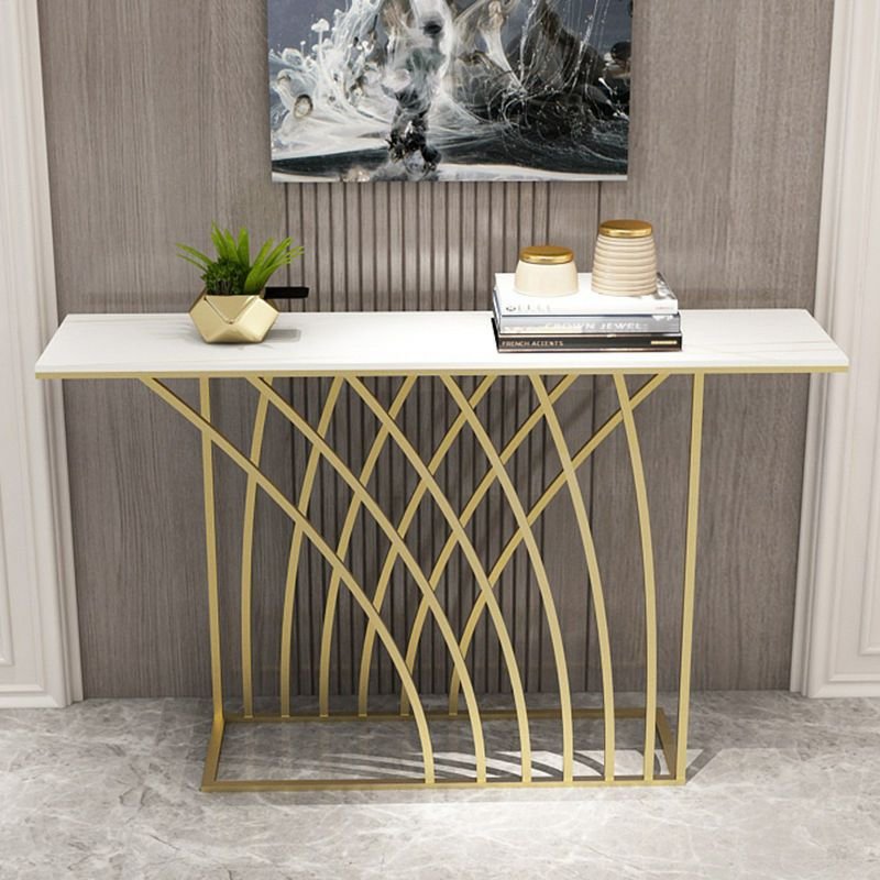 Art Deco Rectangle Chalk Sintered Stone Frame Standing Hall Table for Front Entrance , Gold, 39"L x 12"W x 31"H