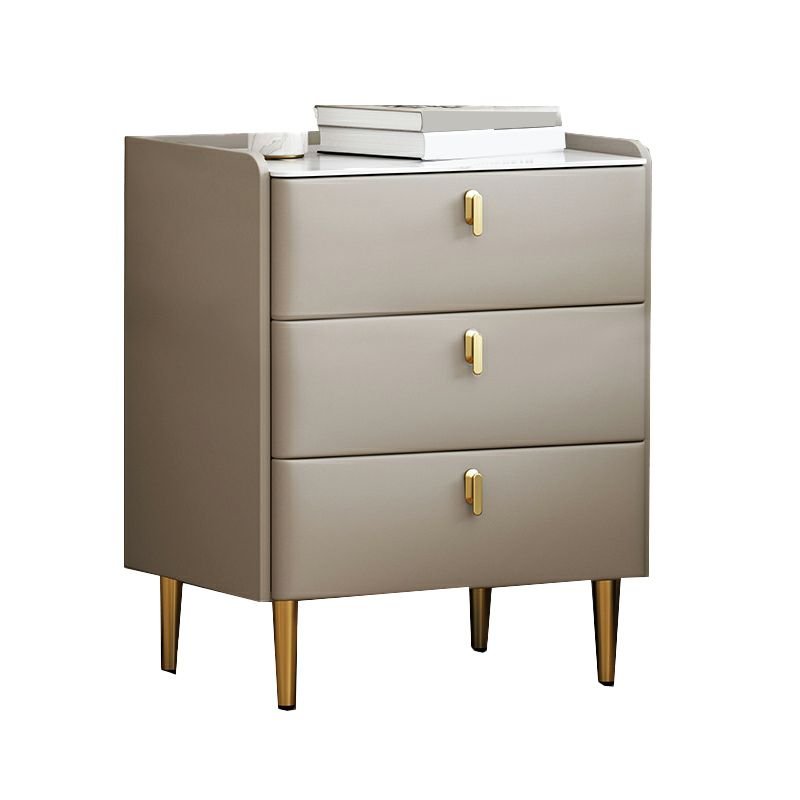 Trendy Stone Nightstand With Drawer Storage & 3 Drawers & Leg, Champagne/ Gray, Solid Wood, 15.7"L x 15.7"W x 23.6"H