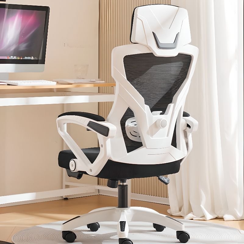 Casual Tilt Available Lumbar Support Rotatable Lifting Ergonomic Black Upholstered Office Chairs with Rollers and Arms, White-Black, Without Footrest, Latex