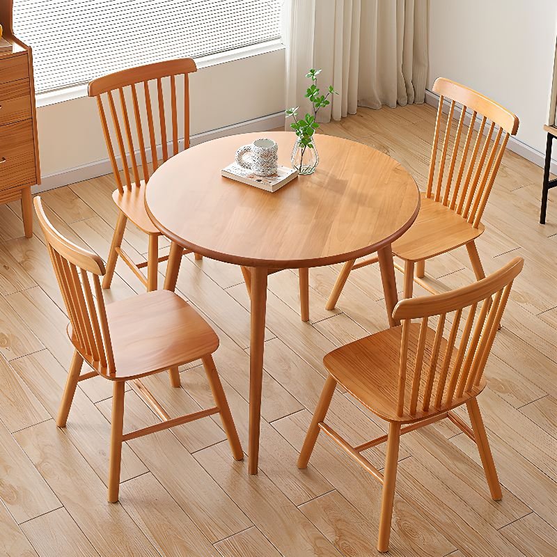 Art Deco Round Dining Table Set in Amber Wood with a Rubberwood Tabletop and Windsor Back Chairs for Dining Table for 4, Table & Chair(s), 5 Piece Set, 47.2"L x 47.2"W x 29.5"H