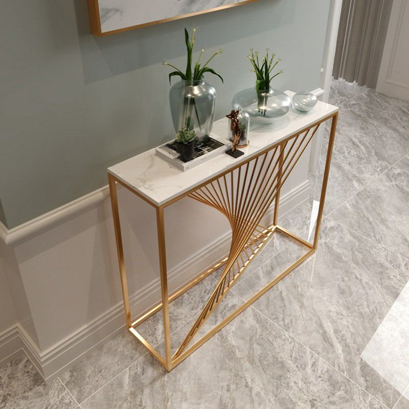 Stylish White Rectangular Stone Top Top Entry Way Table 1 Piece with Frame Base, Scratch Resistant, Gold, 47"L x 14"W x 31"H