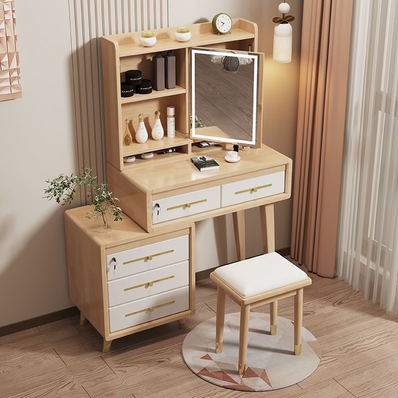 Natural Wood 2-in-1 Scalable Ground Vanity with Push-Pull No Floating in Sleeping Room, Makeup Vanity & Stools, Natural/ White