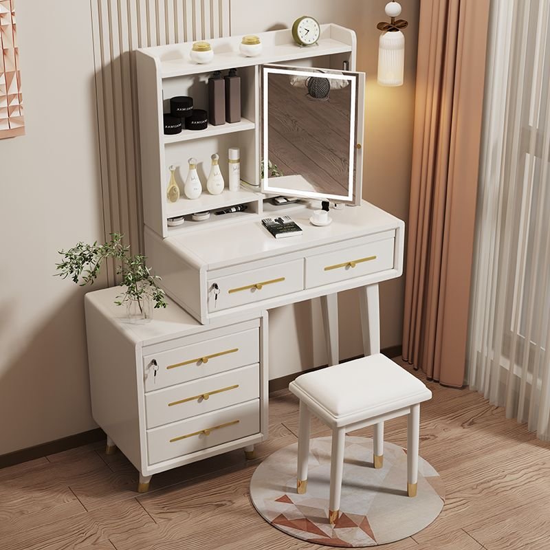 Natural Wood 2-in-1 Scalable Ground Vanity with Push-Pull No Floating in Sleeping Room, Makeup Vanity & Stools, Ivory