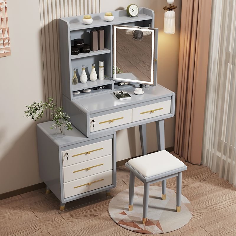 Natural Wood Ground Vanity in Sleeping Room with Scalable, 2-in-1, Push-Pull Features and No Floating, Makeup Vanity & Stools, Gray-White