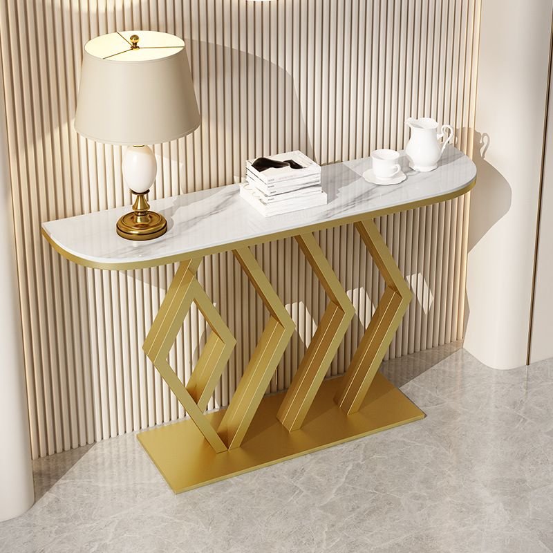 Self-supporting Half Circle Hall Table with 1 Piece Included, 31"L x 12"W x 31"H, Gold, White