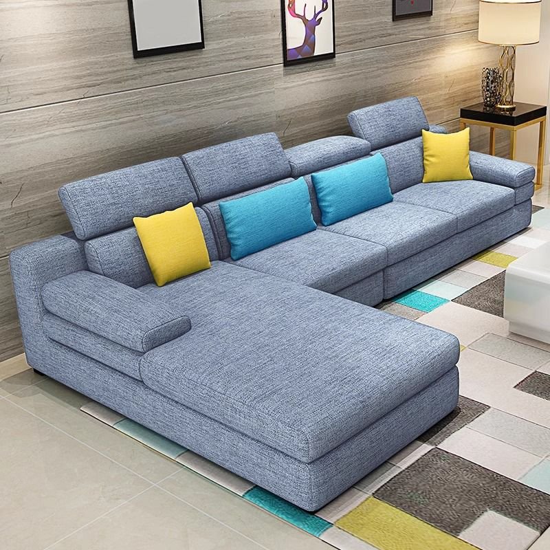 L-Shape Left Hand Facing Sofa Recliner with Adjustable Headrest & Concealed Support, Light Blue, Cotton and Linen, 134"L x 71"W x 37"H