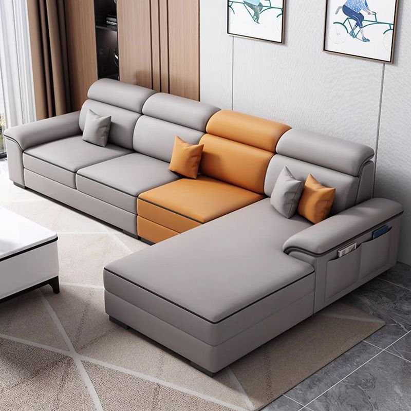 Casual L-Shape Right Sponge Sofa Chaise in Gray with Recessed Arm and Cushion Back, Tech Cloth, Light Gray/ Orange