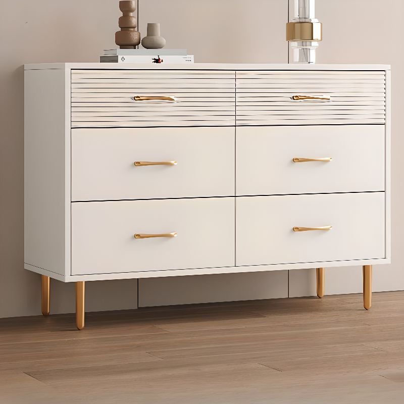 Art Deco Hardwood White Horizontal Double Dresser with 6 Drawers Sleeping Room, 63"L x 16"W x 31"H