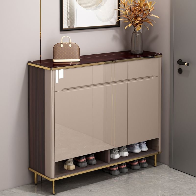 Beige Casual Manufactured Wood Shoe Tower with Drawers, Door, Variable Shelf, and Closed Back, 55.1"L x 13.8"W x 41.3"H