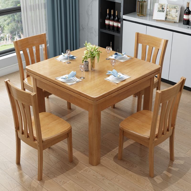 Wood Slab Square Dining Table Set in Unfinished Color with Louvered Back Chairs for Seats 4, 5 Piece Set, 28"L x 28"W x 30"H, Beech, Table & Chair(s)