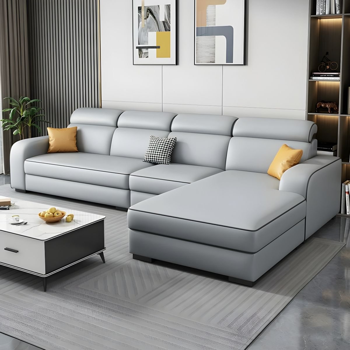 Contemporary Sectional Sofa with Adjustable Pillow and Scratch Resistant Upholstery - Anti Cat Scratch Leather 108"L x 63"W x 31"H Light Gray