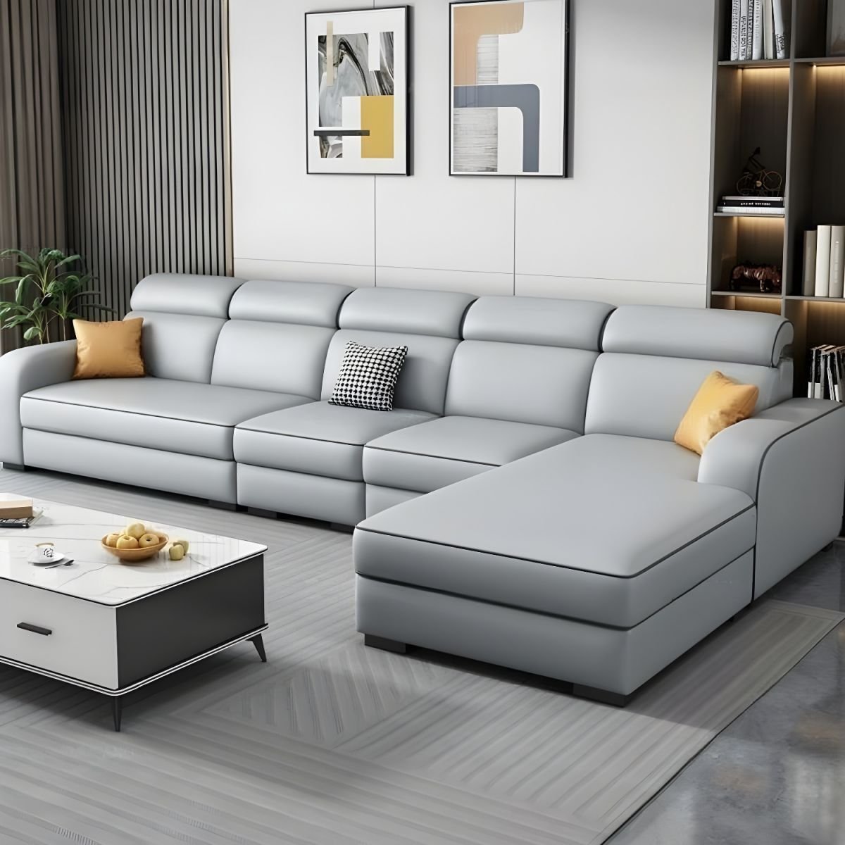 Contemporary Sectional Sofa with Adjustable Pillow and Scratch Resistant Upholstery - Anti Cat Scratch Leather 132"L x 63"W x 31"H Light Gray