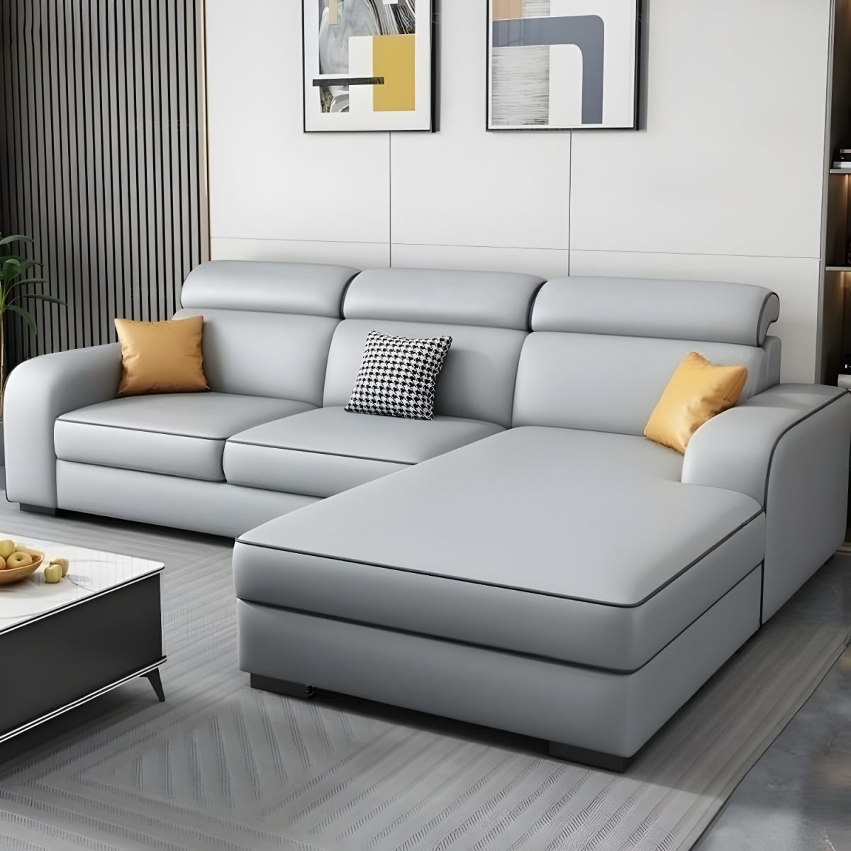Contemporary Sectional Sofa with Adjustable Pillow and Scratch Resistant Upholstery - Anti Cat Scratch Leather 85"L x 63"W x 31"H Light Gray
