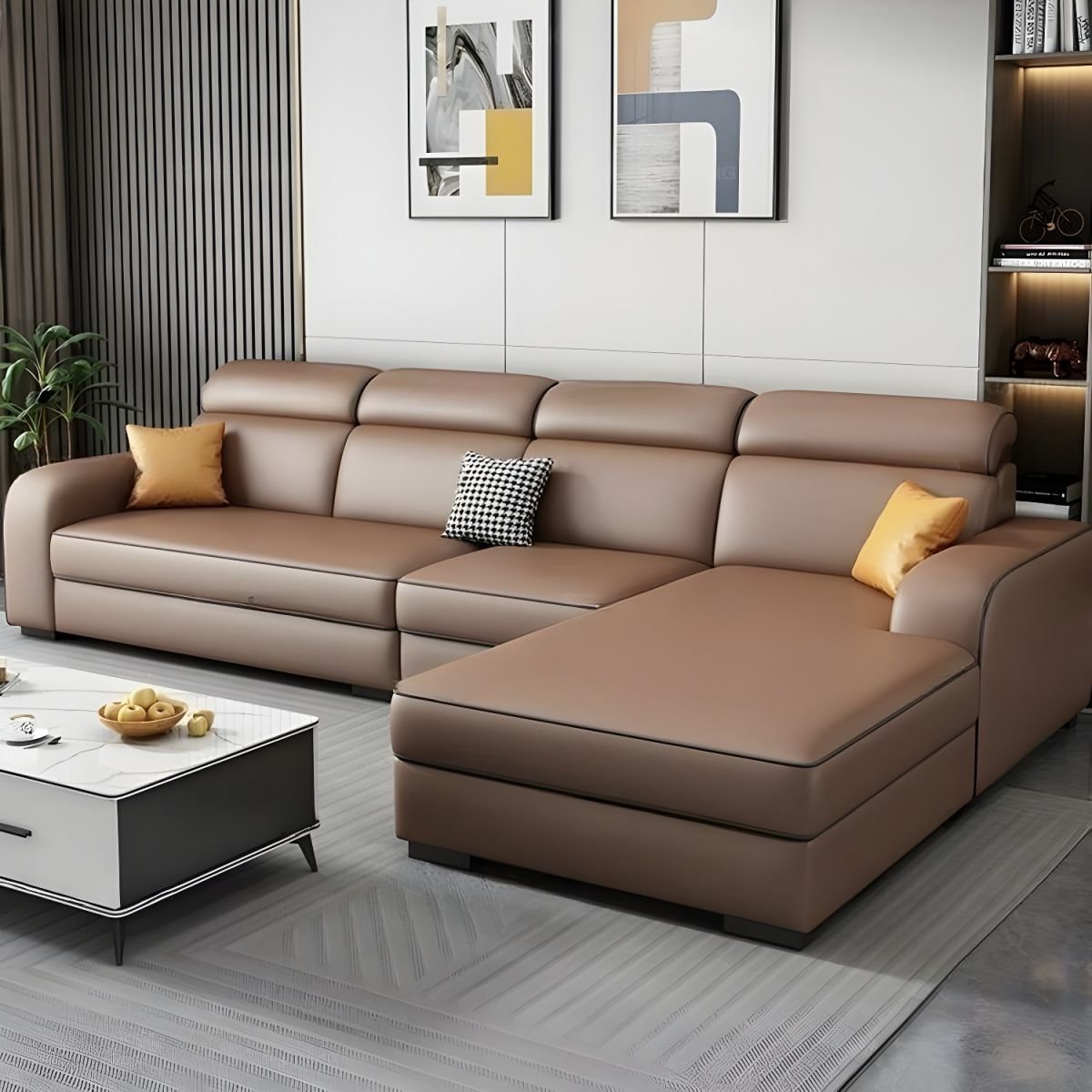 Contemporary Sectional Sofa with Adjustable Pillow and Scratch Resistant Upholstery - Anti Cat Scratch Leather 108"L x 63"W x 31"H Brown