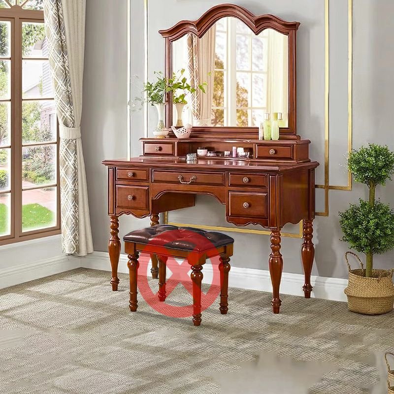 Antique Natural Wood No Floating Makeup Vanity with Push-Pull 7 Drawers & Tabletop Storage, Cherry, 47"L x 20"W x 68"H