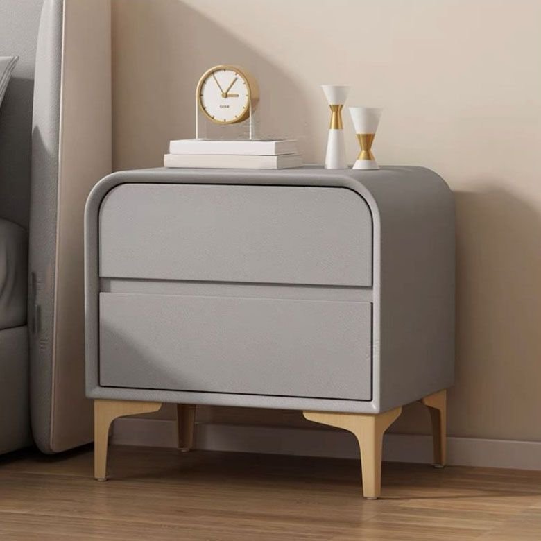 2 Tiers Trendy Pu Nightstand With Drawer Storage, Light Gray, Solid Wood, 16"L x 16"W x 19"H